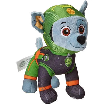 Plush toy of Rocky from Paw Patrol, wearing a green helmet and a black and green outfit, 8 inches tall.