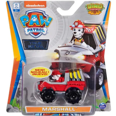 True Metal Dino Rescue Marshall toy vehicle with Marshall figurine, displayed in packaging featuring Paw Patrol branding.