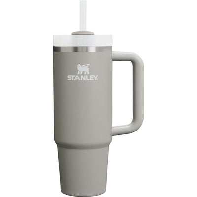 30 oz Stanley The Quencher H2.0 FlowState™ Tumbler in ash color, featuring a handle, straw, and a stainless steel lid.