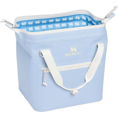 Stanley The All-Day Julienne Mini Cooler 7.4 Qt in blue with white straps and a patterned interior.