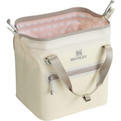 Cream-colored Stanley All-Day Julienne Mini Cooler with gray handles, 7.4 Qt capacity, and a patterned pink interior.