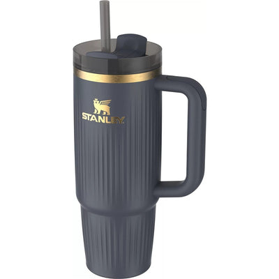 30 oz Stanley The Quencher H2.0 Fluted Tumbler in Twilight color with gold logo, handle, and reusable straw.