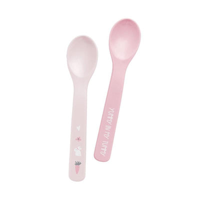 Two silicone baby spoons in pastel pink, featuring a bunny and carrot design, ideal for feeding infants.