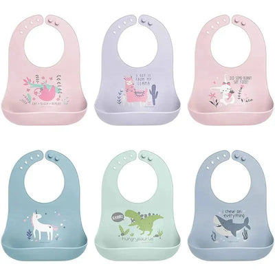 Silicone baby bibs in pastel colors featuring animal designs and playful text, ideal for mealtime messes.