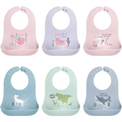 Six silicone bibs for baby girls with colorful designs featuring sloths, llamas, unicorns, dinosaurs, and more.
