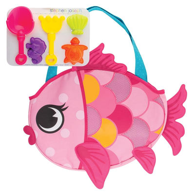 Pink fish-shaped tote bag with a blue handle, accompanied by colorful beach toys in various shapes.