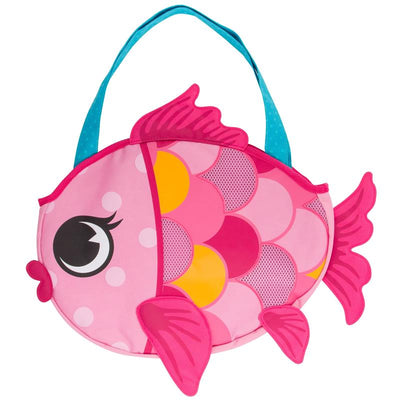 Cute pink fish-shaped tote bag with a blue handle, designed to carry sand toys for beach outings.
