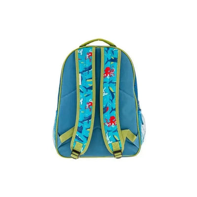 Blue shark-themed backpack featuring a vibrant design with sea creatures and adjustable straps.