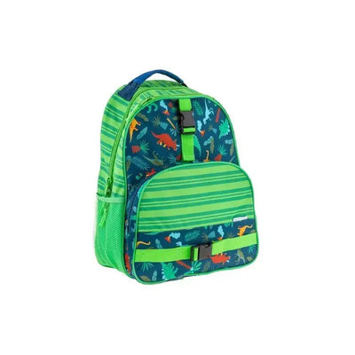 Green Dino-themed backpack featuring a vibrant design with dinosaurs and foliage, ideal for children.