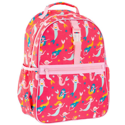 Bright pink backpack featuring colorful mermaid illustrations and a front zip pocket. Ideal for kids.
