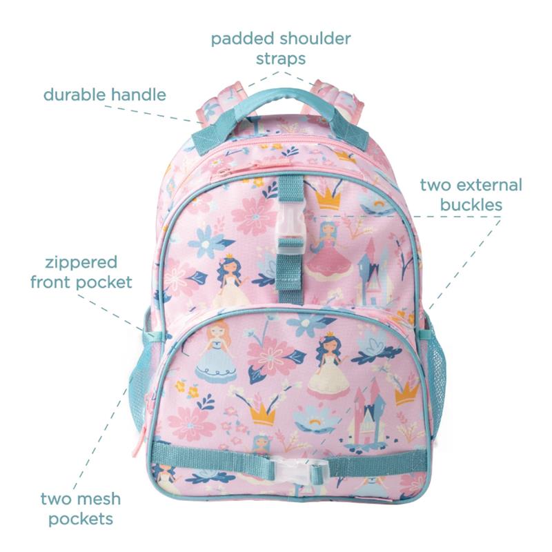 Mermaid-themed Stephen Joseph backpack featuring pastel colors, padded shoulder straps, zippered front pocket, and mesh side pockets.