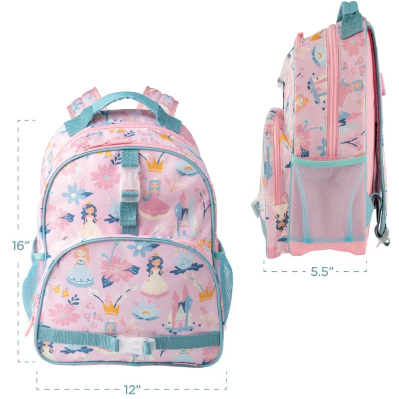 Stephen Joseph All Over Print Backpack featuring a pink mermaid and castle design, measuring 16x12x5.5 inches.