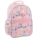 Pink backpack featuring princesses and flowers, designed for children, with a front zipper pocket.