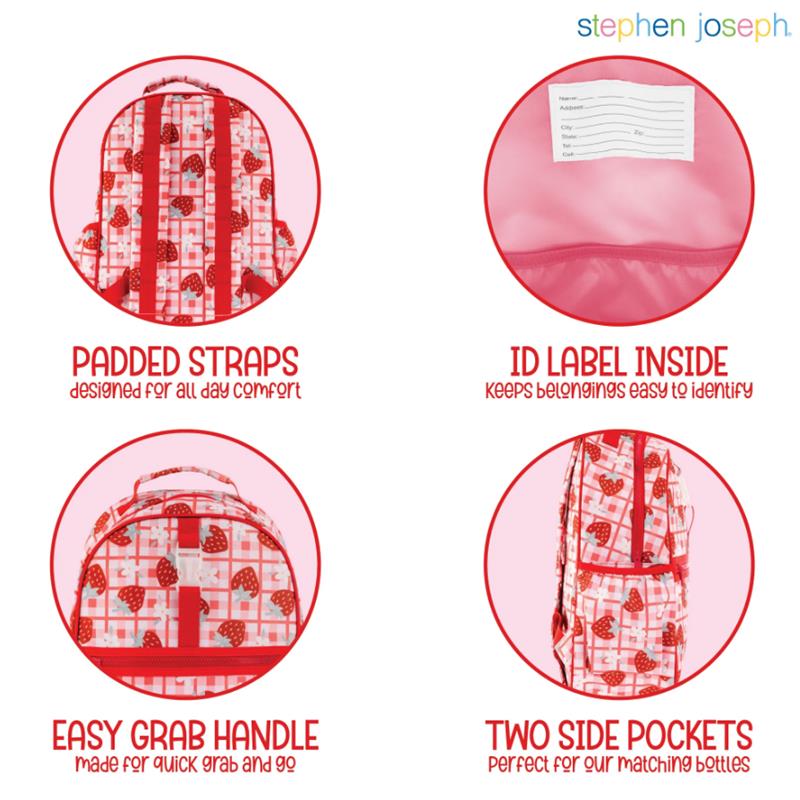 Stephen Joseph All Over Print Backpack in a princess design, featuring padded straps, an ID label, a grab handle, and side pockets.
