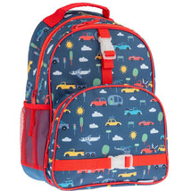 Backpack featuring a colorful transportation-themed print, including cars, planes, and trees, with red accents.