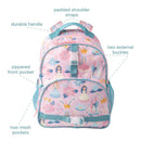 Transport-themed pink backpack featuring padded shoulder straps, a zippered front pocket, and mesh side pockets.