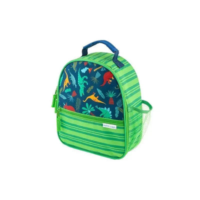 Dinosaur-themed green lunchbox with a striped design and a front mesh pocket, ideal for kids.
