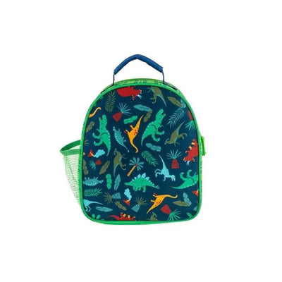Lunchbox featuring a colorful dinosaur print on a dark background, with a green zipper and mesh side pocket.