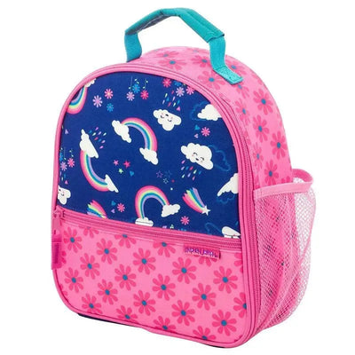Lunchbox featuring a colorful rainbow and cloud pattern on a blue background, with a pink floral base and mesh pocket.