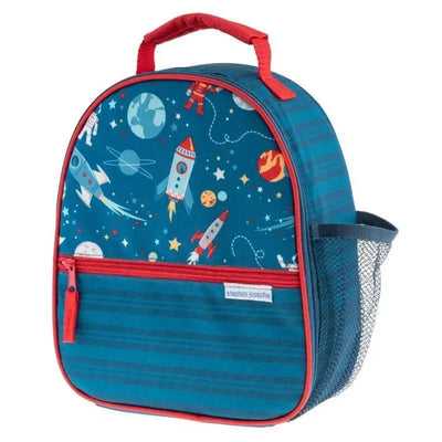 Stephen Joseph All Over Print Lunchbox featuring a blue space theme with rockets and planets, red trim, and a mesh side pocket.