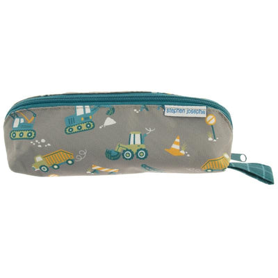 Pencil pouch featuring a construction theme with various vehicles and tools in colorful prints.