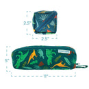 Green pencil pouch featuring colorful dinosaur prints, measuring 11 x 5 inches, with a smaller zippered storage cube.