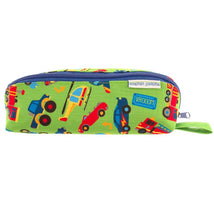 Colorful pencil pouch featuring various vehicles on a green background, with a blue zipper and a loop for easy carrying.
