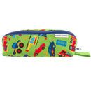Colorful pencil pouch featuring various vehicles on a green background, with a blue zipper and a loop for easy carrying.