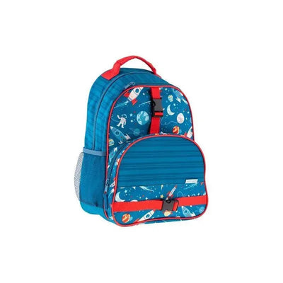 Blue backpack featuring a space theme with rockets and planets, designed for children, by Stephen Joseph.