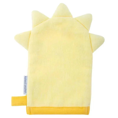 Soft yellow bath mitt designed for children, featuring a sun shape with pointed rays and a secure wrist loop.