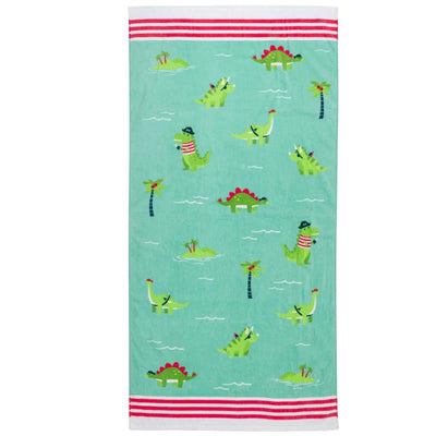 Green beach towel featuring playful dinosaur patterns and palm trees, with red striped trim at the top.