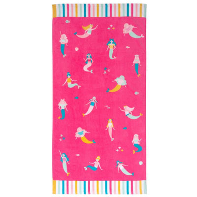 Bright pink beach towel featuring colorful mermaid illustrations and a striped border. Ideal for beach and bath use.
