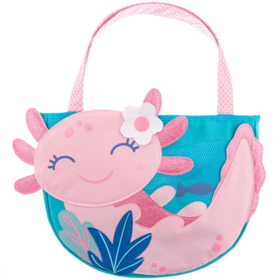 Colorful axolotl-themed beach tote with pink accents and a smiling face, ideal for sand toys and beach outings.