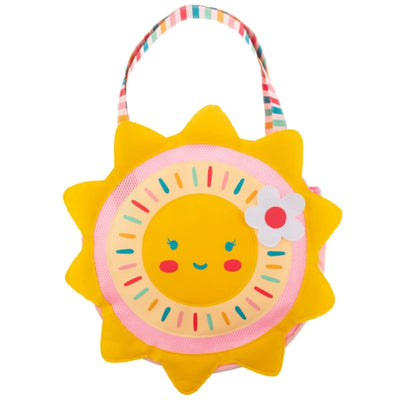 Yellow beach tote shaped like a smiling sun with a flower decoration, designed for children to carry sand toys.