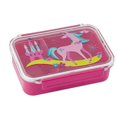 Bento box featuring a pink unicorn with a castle and colorful flowers on a bright pink background.