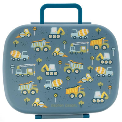 Bento box featuring a removable tray, decorated with various construction vehicle illustrations on a blue background.