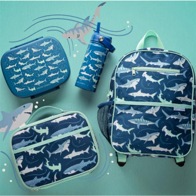 Bento box, lunch bag, water bottle, and backpack featuring shark patterns, designed for children.