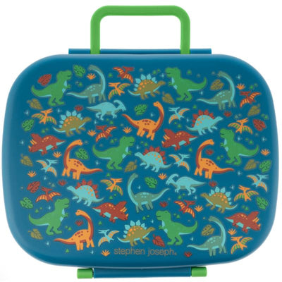 Bento box featuring a colorful dinosaur print and a green handle, designed for kids’ meals with a removable tray.
