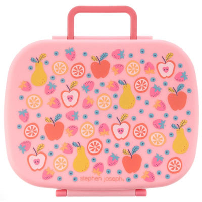 Bento box with removable tray featuring a pink design adorned with colorful fruit illustrations like apples, pears, and strawberries.
