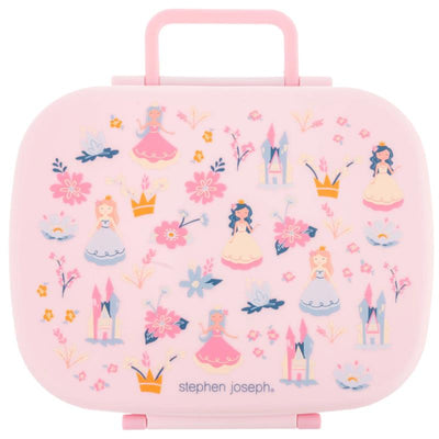 Bento box with removable tray featuring princess illustrations and floral designs in a pink color scheme.