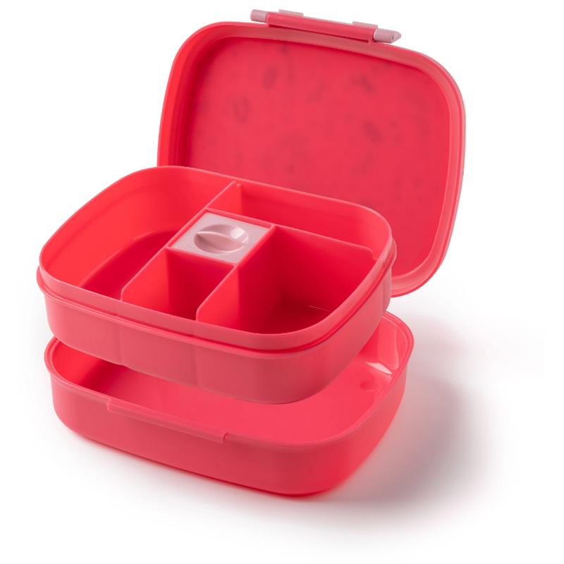 Bento box in pink with a removable tray featuring four compartments for food separation.