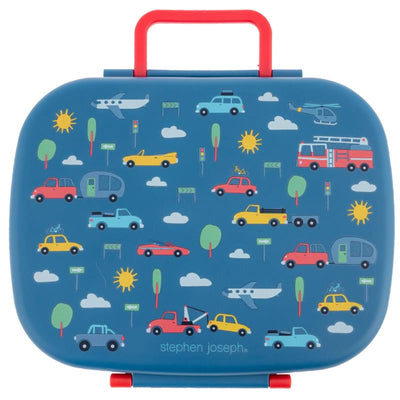 Bento box with a blue exterior featuring colorful vehicle illustrations and a red handle, designed for transportation.