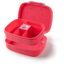 Bento box with removable tray, featuring multiple compartments and a vibrant pink color, designed for meal transportation.