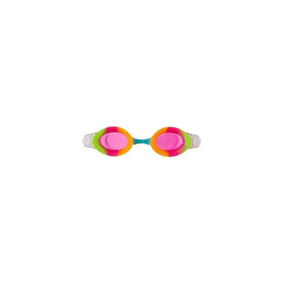 Brightly colored Bling Goggles featuring pink, green, and orange accents, designed for swimming with adjustable straps.
