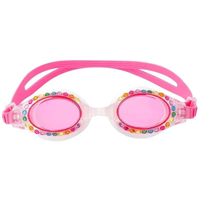 Bling goggles for kids with pink lenses and colorful gem accents, ideal for swimming and water activities.