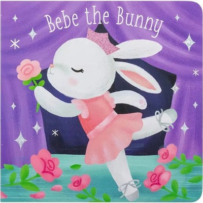 Bebe the Bunny, a ballet-dancing rabbit in a pink dress, holds a rose against a purple backdrop with flowers.