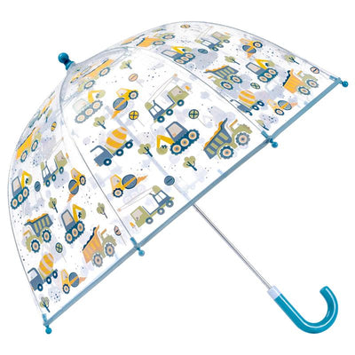 Clear umbrella featuring colorful construction vehicle designs like trucks, diggers, and cement mixers on a frosted background.