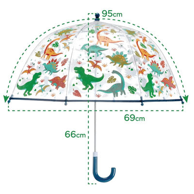 Clear, color-changing umbrella featuring colorful dinosaur prints, measuring 95cm wide and 66cm tall.