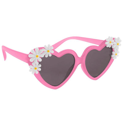 Pink heart-shaped sunglasses adorned with white daisies, featuring dark lenses for stylish sun protection.