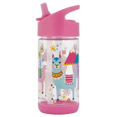 Kids flip top water bottle by Stephen Joseph, 10 oz, features colorful llama illustrations and a pink lid.